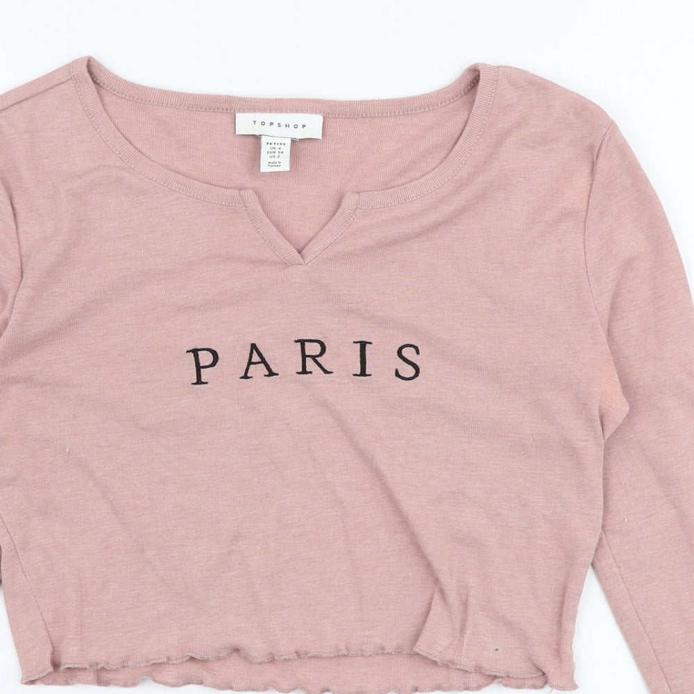Topshop Womens Pink  Polyester Cropped T-Shirt Size 6 Round Neck - Paris