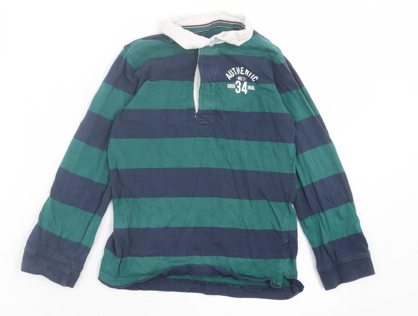 Mothercare Boys Green Striped Cotton Basic Polo Size 8 Years Collared Button