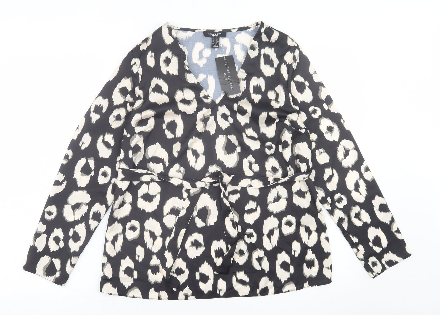 New Look Womens Black Animal Print Polyester Basic Blouse Size 12 V-Neck