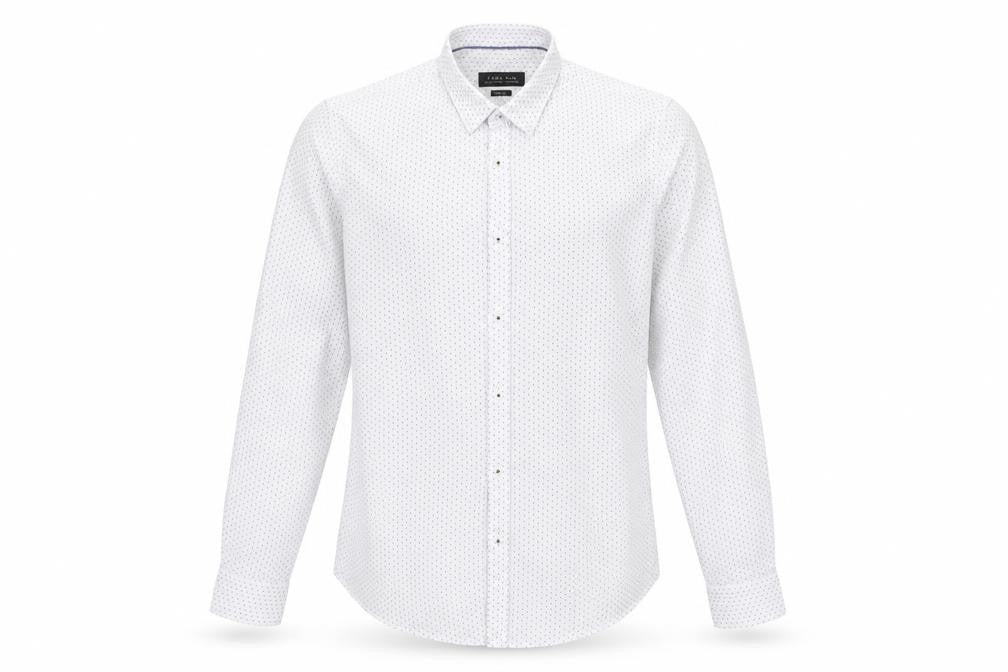 Zara Mens White Geometric Polyester  Button-Up Size L Collared Button