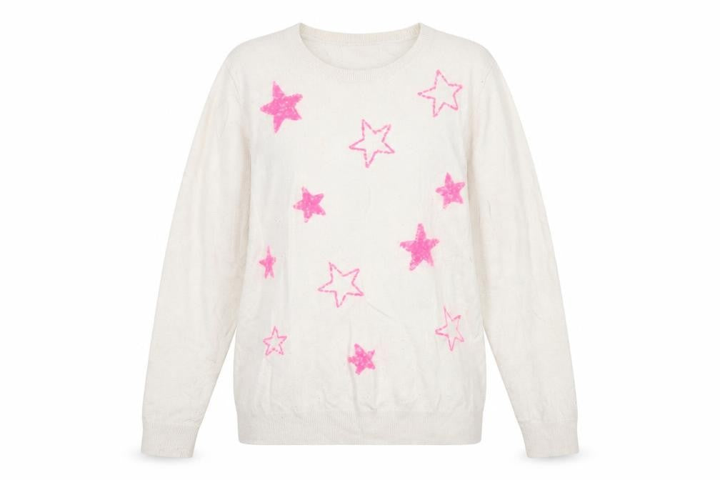 Savida Womens White Round Neck Geometric Viscose Pullover Jumper Size L   - Stars