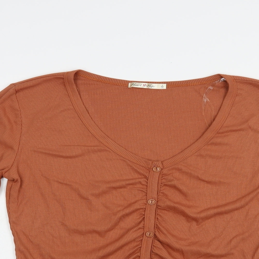 Heart & Hips Womens Brown  Viscose Basic T-Shirt Size L V-Neck