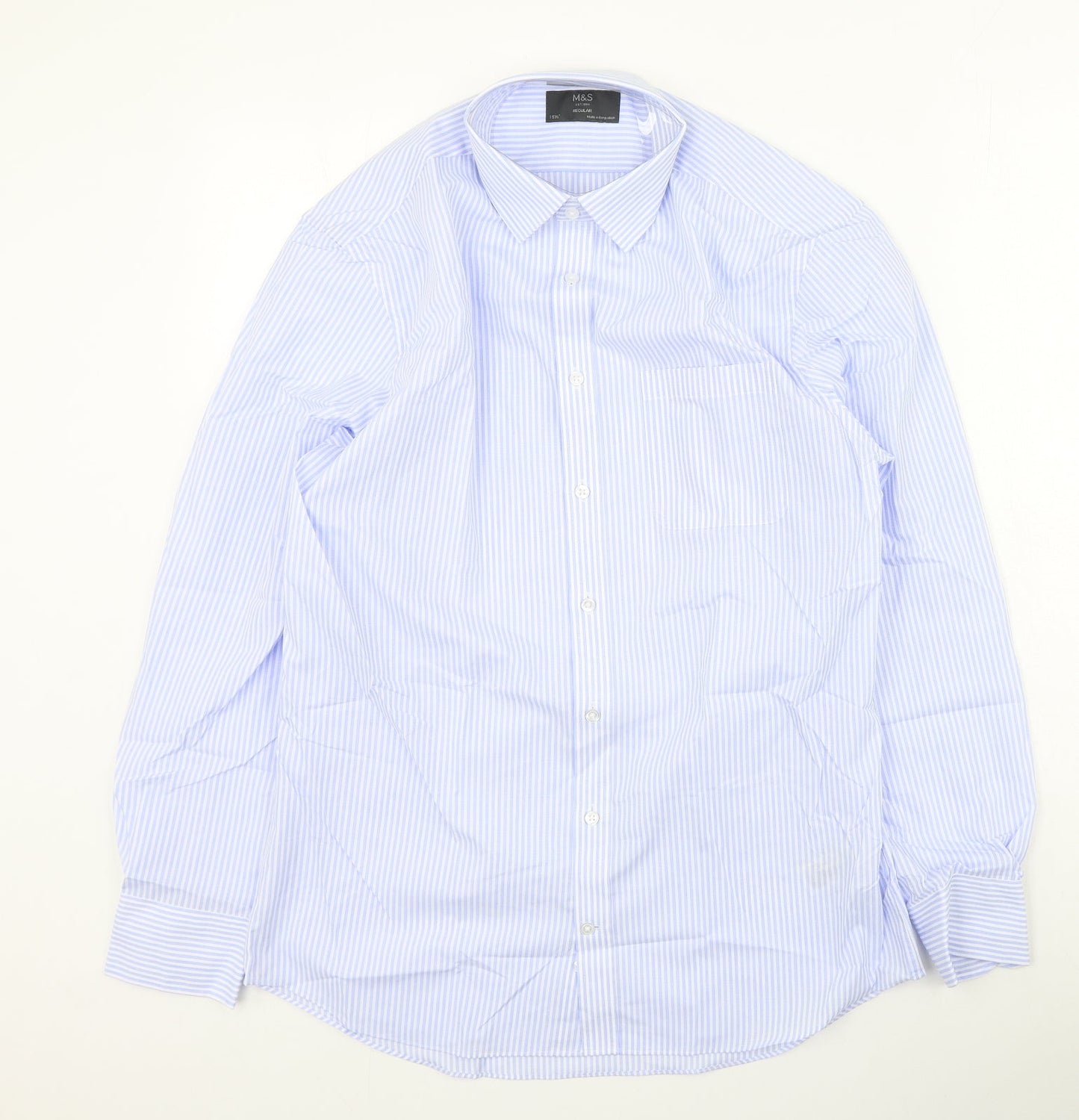 Marks and Spencer Mens Blue Striped Polyester  Button-Up Size 39 Collared