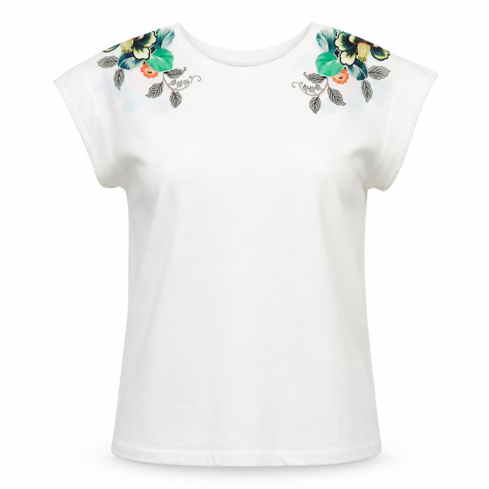 Warehouse Womens White Floral Polyester Basic T-Shirt Size 6 Crew Neck