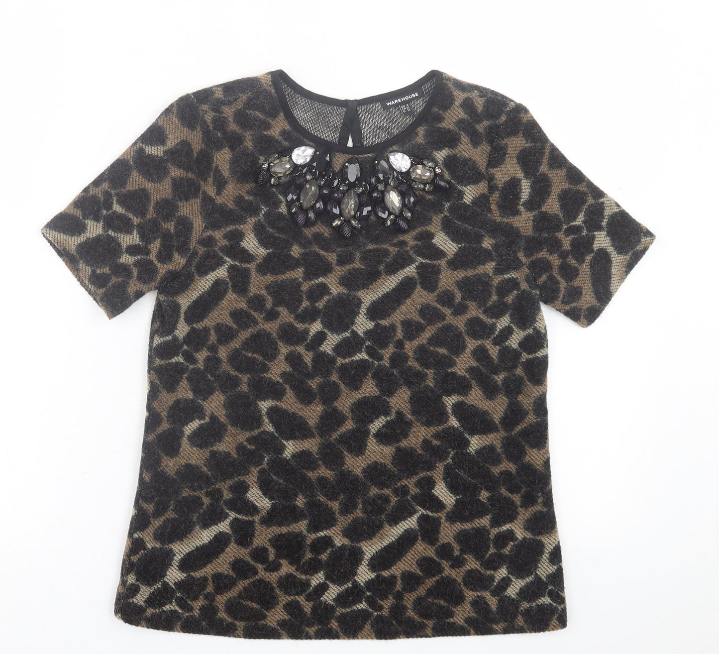 Warehouse Womens Brown Animal Print Acrylic Basic T-Shirt Size 8 Crew Neck