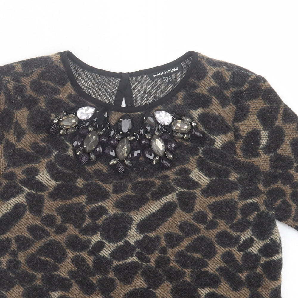 Warehouse Womens Brown Animal Print Acrylic Basic T-Shirt Size 8 Crew Neck