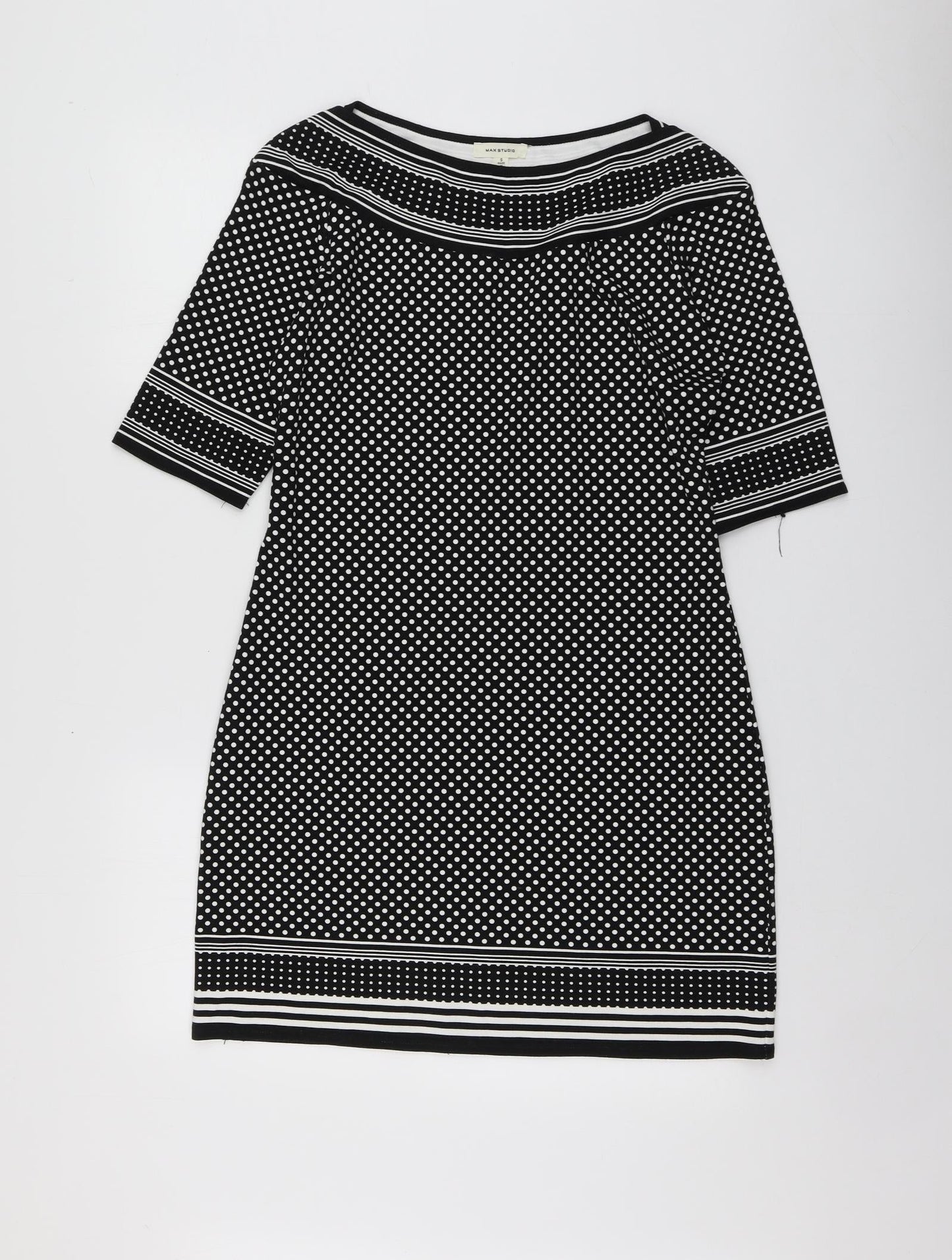 Max Studio Womens Black Polka Dot Rayon A-Line  Size S  Round Neck