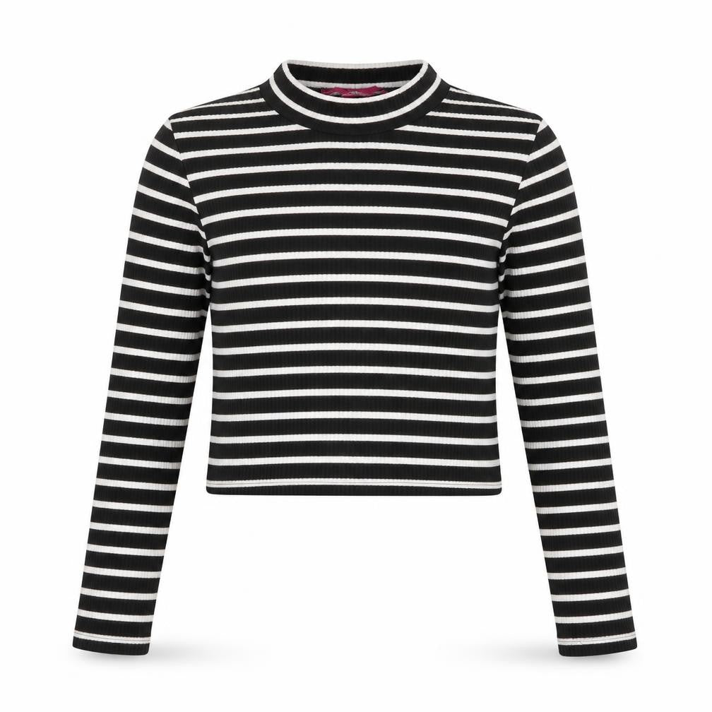 YD Girls Black Striped Viscose Basic T-Shirt Size 12-13 Years Round Neck