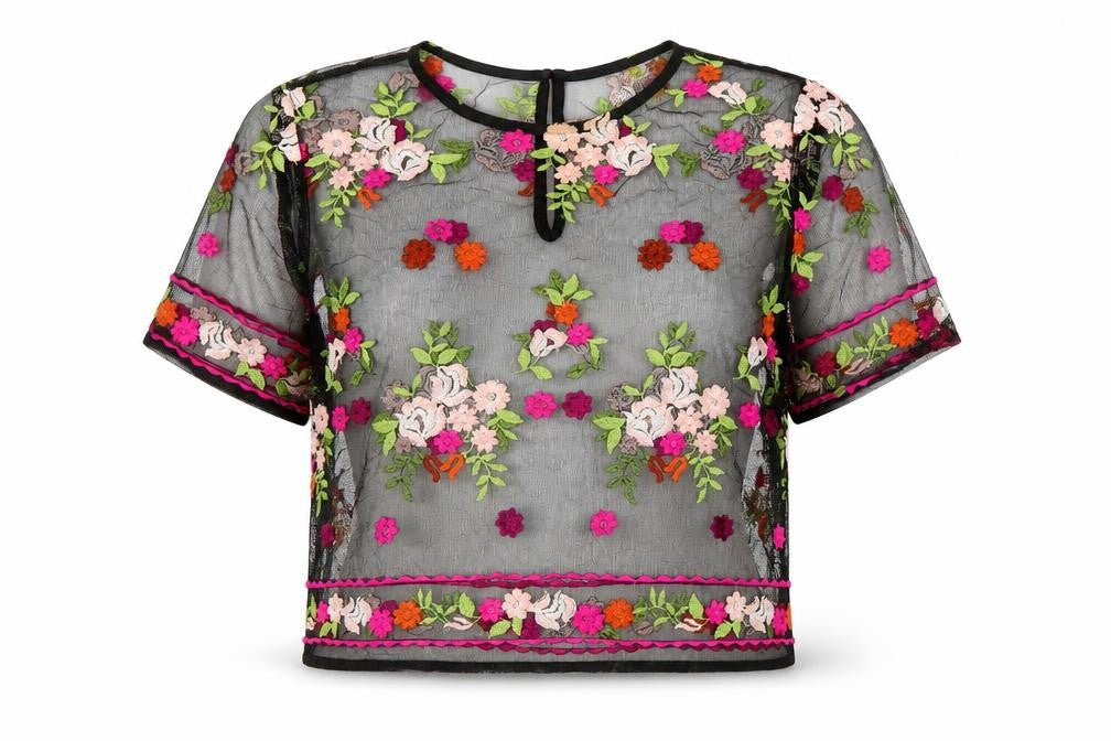 Forever 21 Womens Black Floral Polyester Cropped Blouse Size S Round Neck