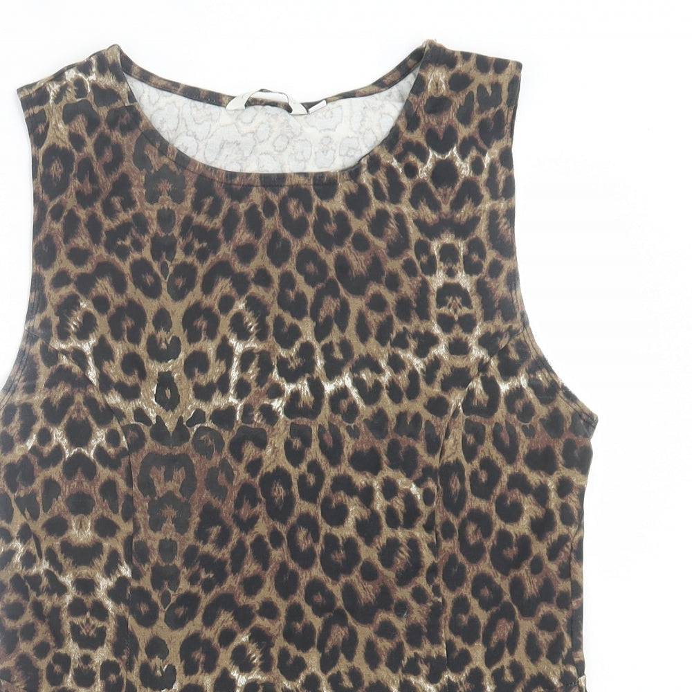 New Look Womens Brown Animal Print Cotton Basic Tank Size 14 Crew Neck