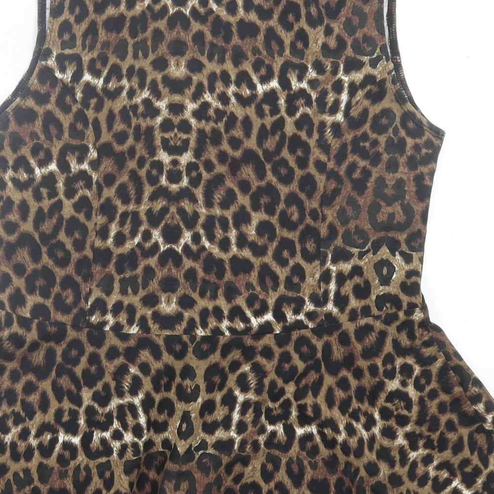 New Look Womens Brown Animal Print Cotton Basic Tank Size 14 Crew Neck