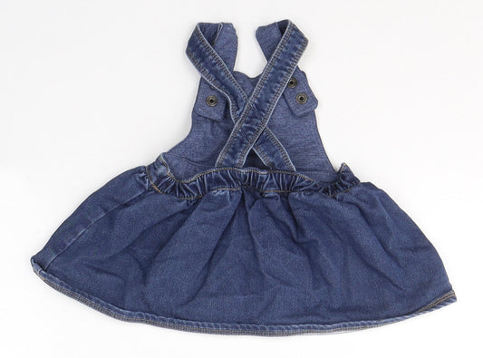 NEXT Girls Blue  Cotton Pinafore/Dungaree Dress  Size 3-6 Months  Square Neck Button