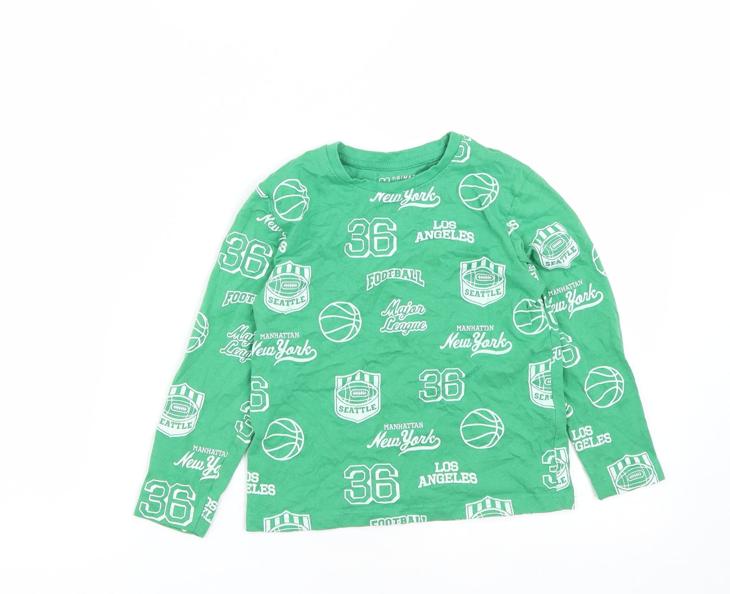 Primark Boys Green  Cotton Basic Casual Size 5-6 Years Round Neck