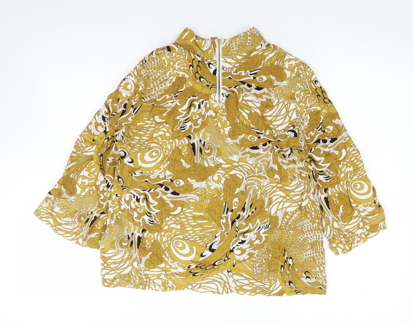H&M Womens Yellow Floral Viscose Jersey Blouse Size 6 High Neck