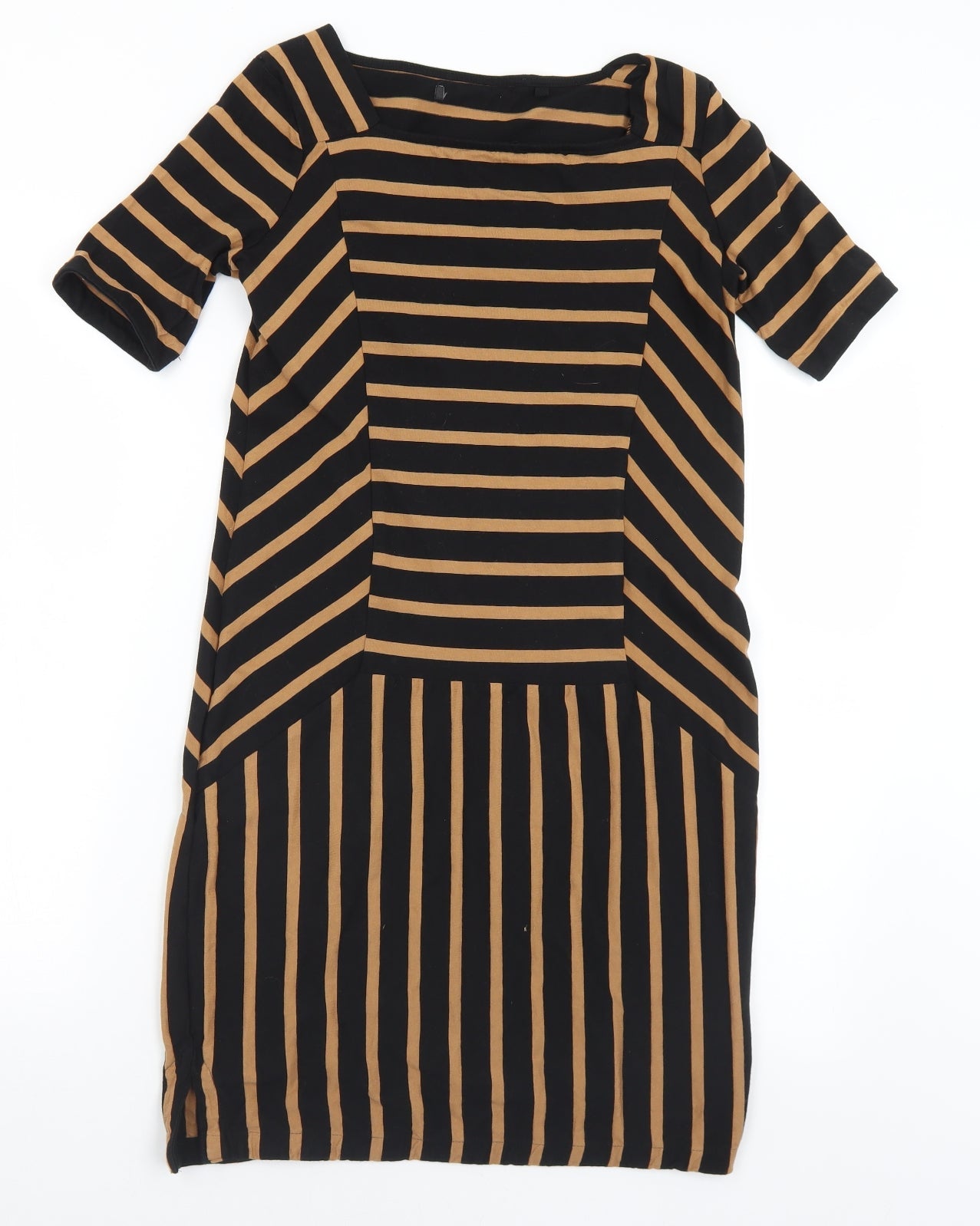 Preworn Womens Brown Striped Polyester A-Line  Size S  Square Neck