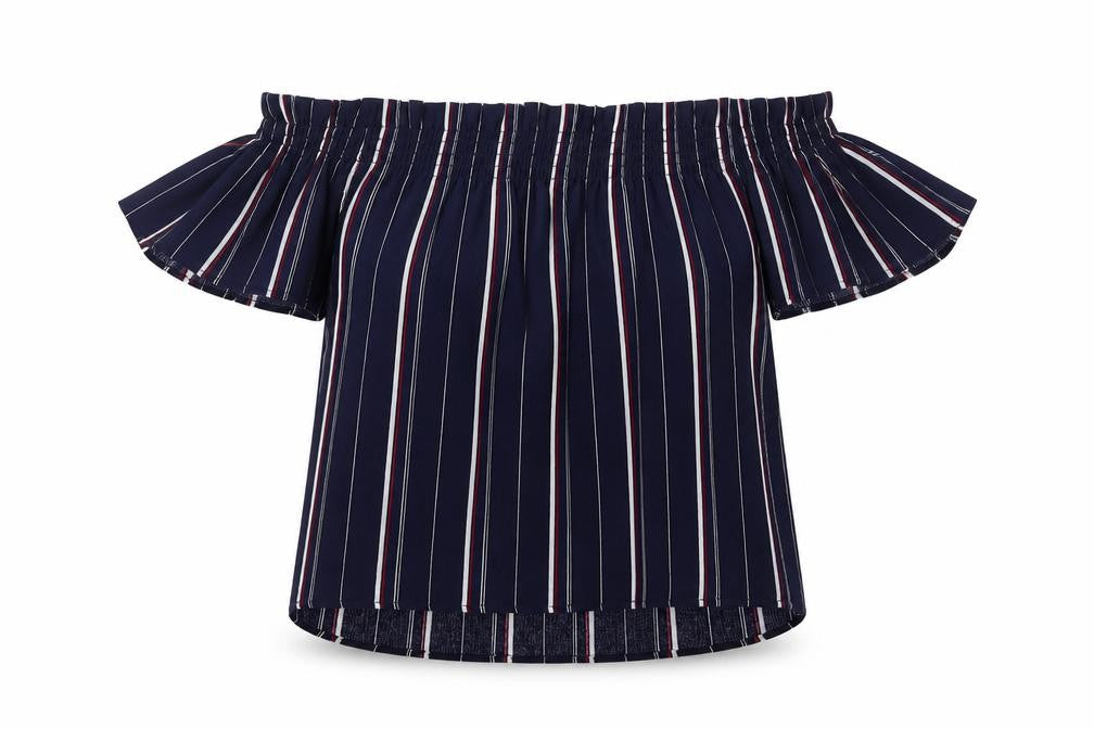 Pull&Bear Womens Blue Striped Viscose Basic Blouse Size S Round Neck