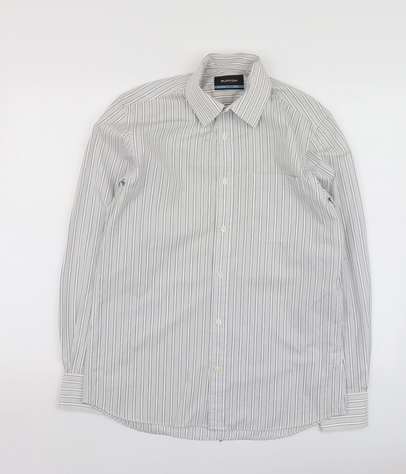 Burton Mens Grey Striped Polyester  Button-Up Size 15 Collared