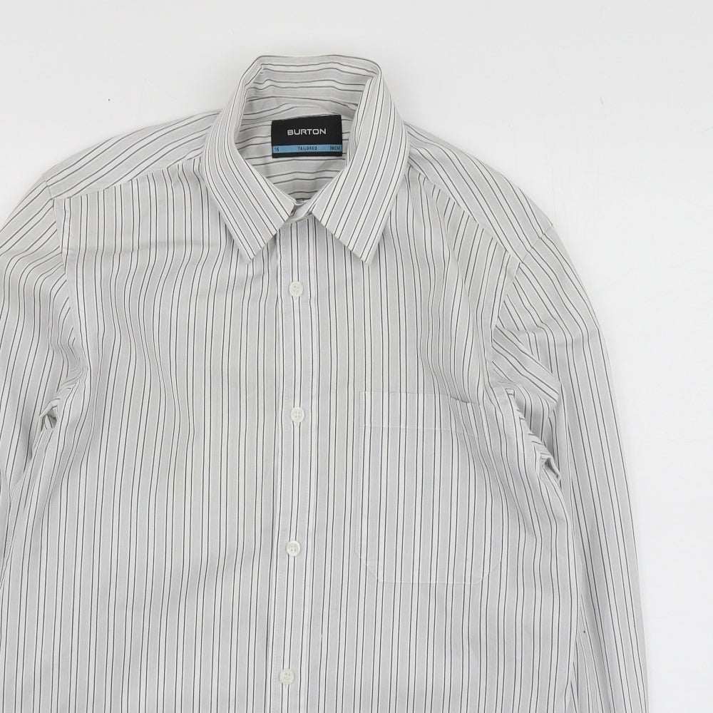 Burton Mens Grey Striped Polyester  Button-Up Size 15 Collared
