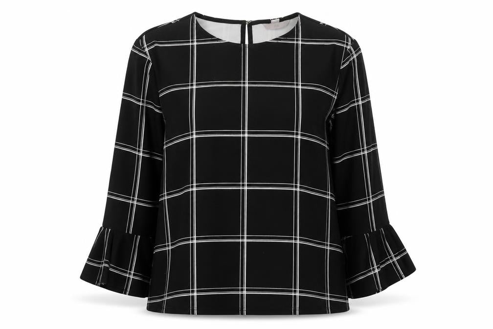 H&M Womens Black Check Polyester Basic Blouse Size M Round Neck