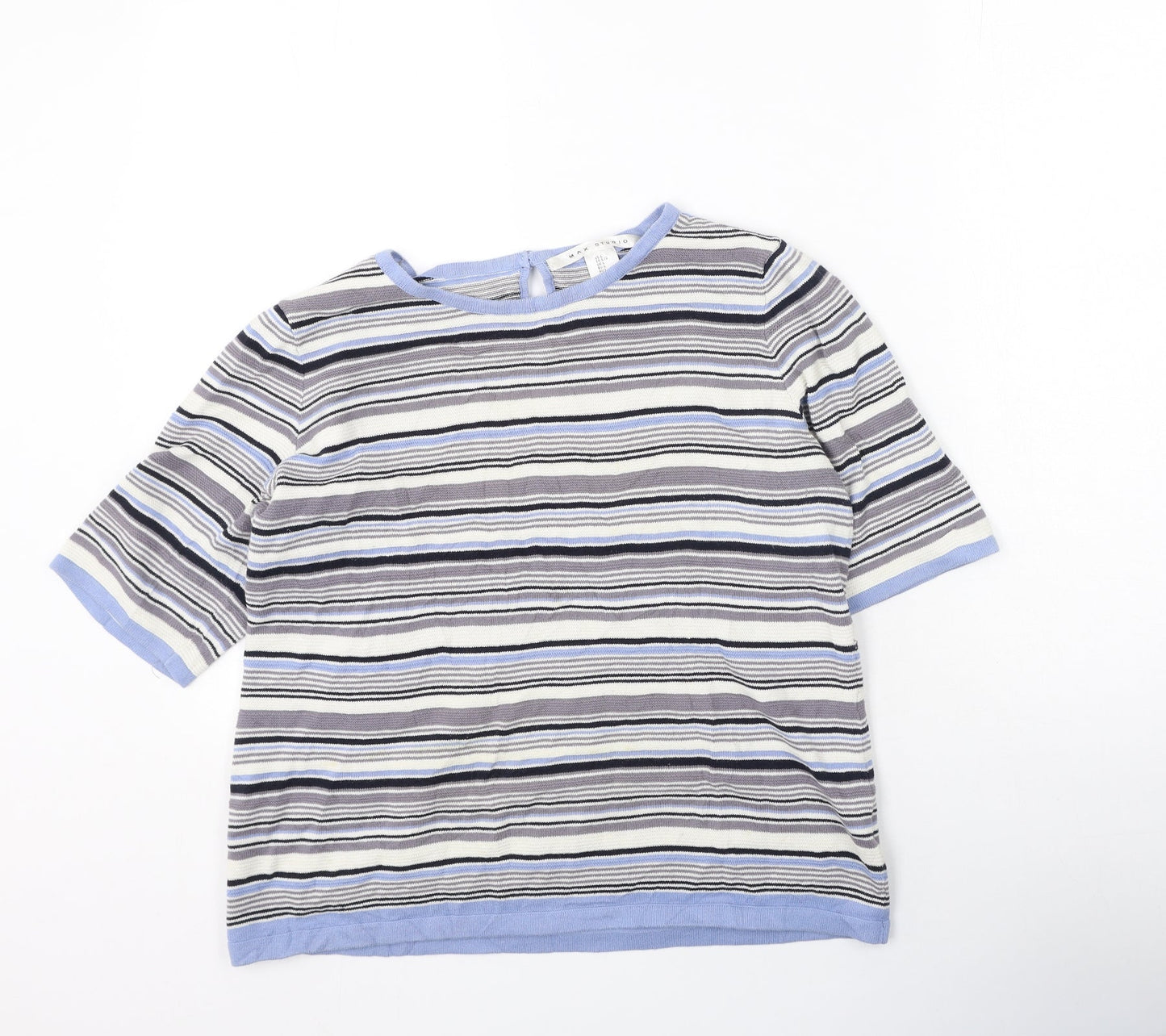 wax studio Womens Blue Striped Cotton Basic T-Shirt Size L Round Neck