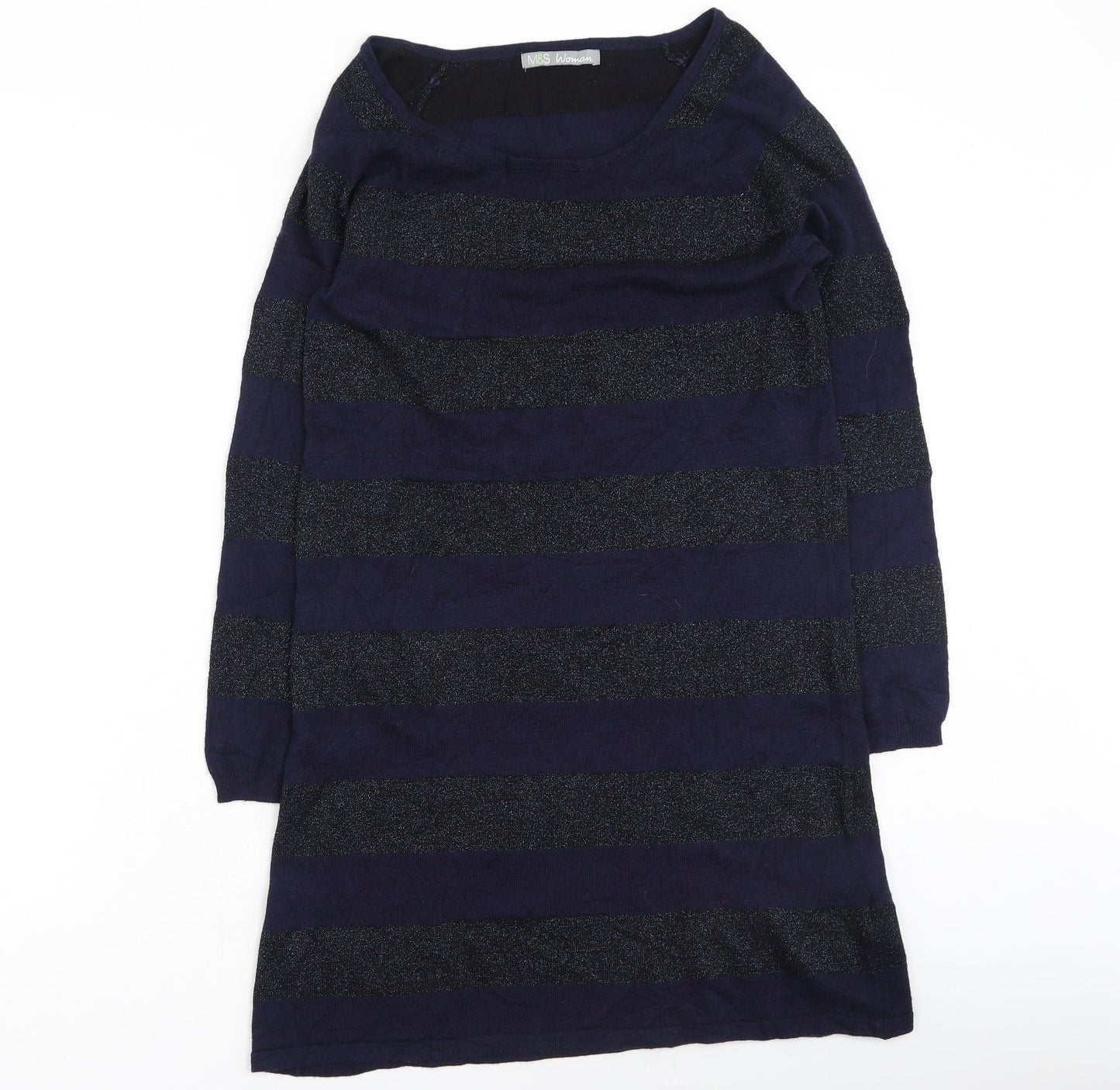 Marks and Spencer Womens Blue Round Neck Striped Viscose Pullover Jumper Size 12