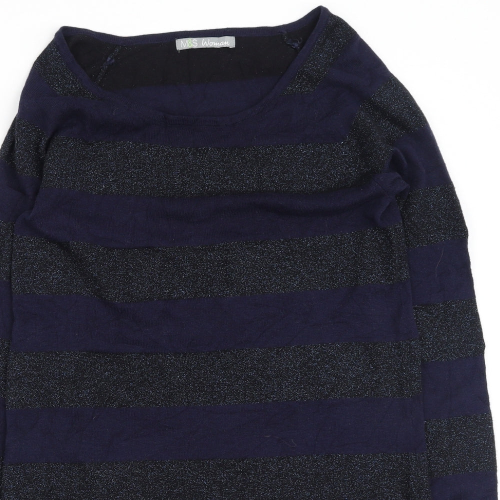 Marks and Spencer Womens Blue Round Neck Striped Viscose Pullover Jumper Size 12