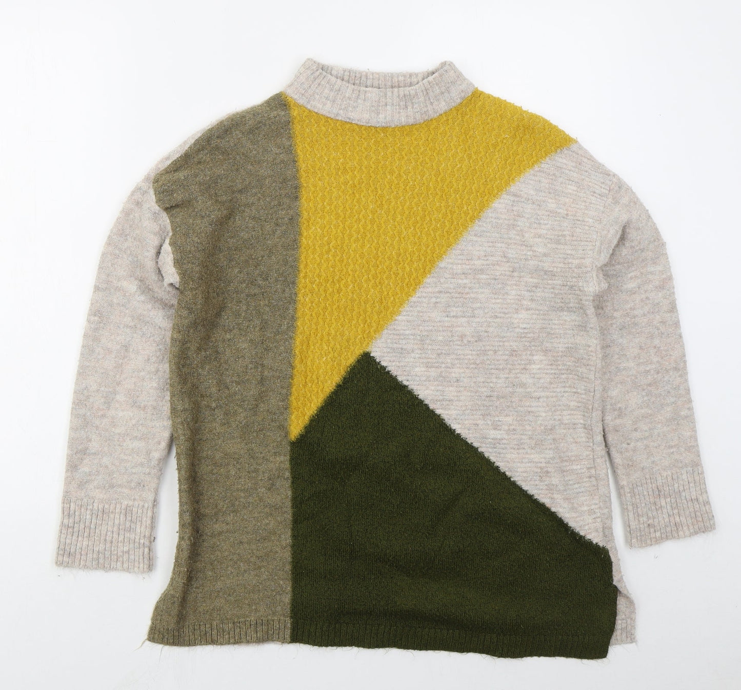 M&Co Womens Beige Mock Neck  Acrylic Pullover Jumper Size 10   - Colour Block