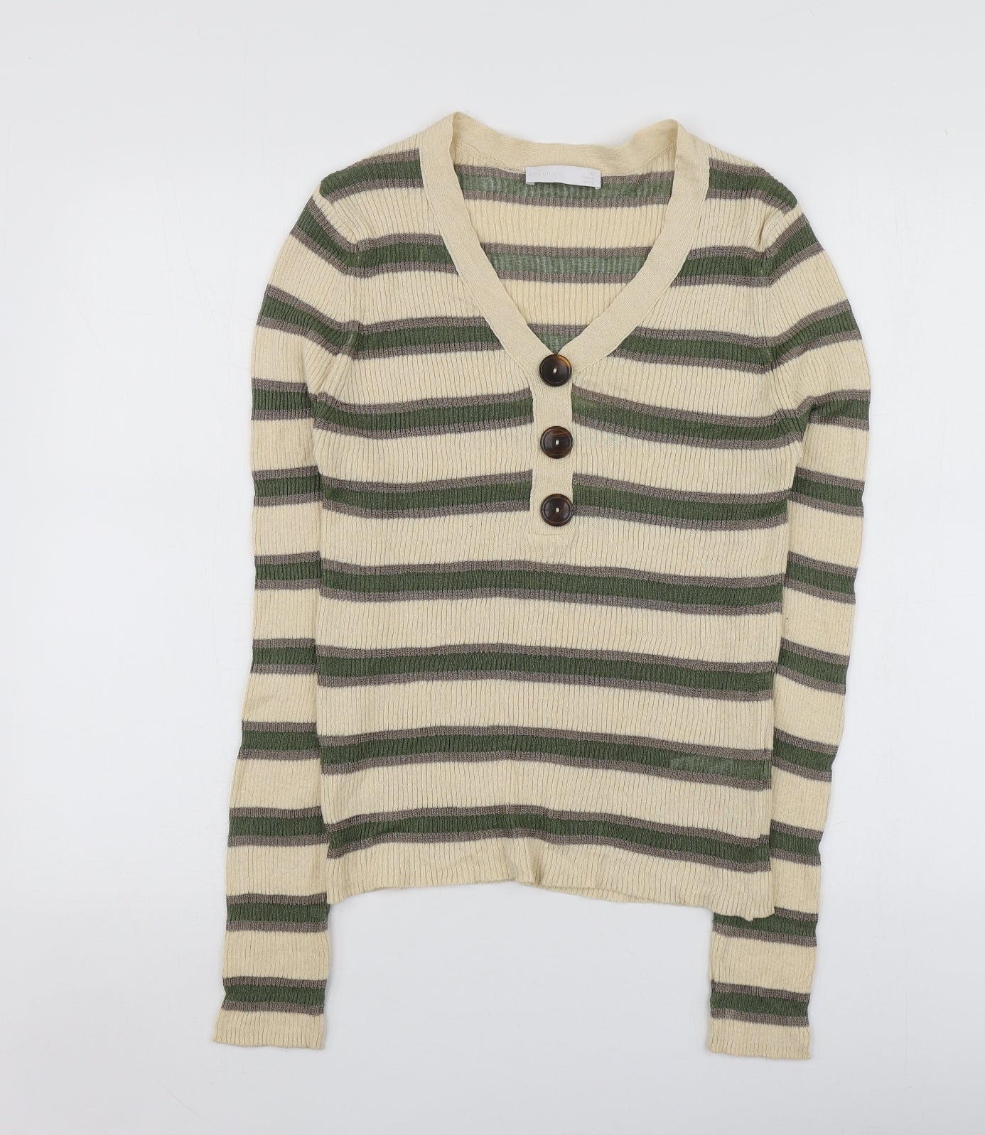 Per Una Womens Beige V-Neck Striped Cotton Pullover Jumper Size 12