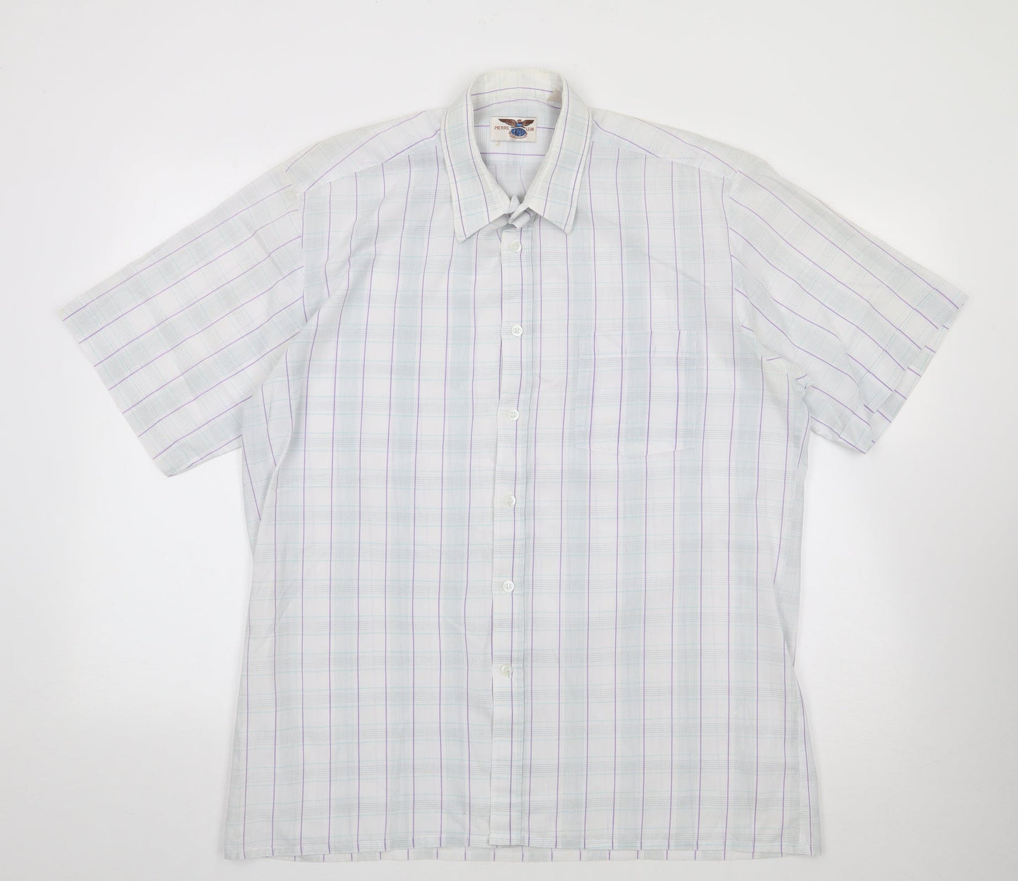 Pierre Leon Mens Ivory Plaid Polyester  Button-Up Size XL Collared Button