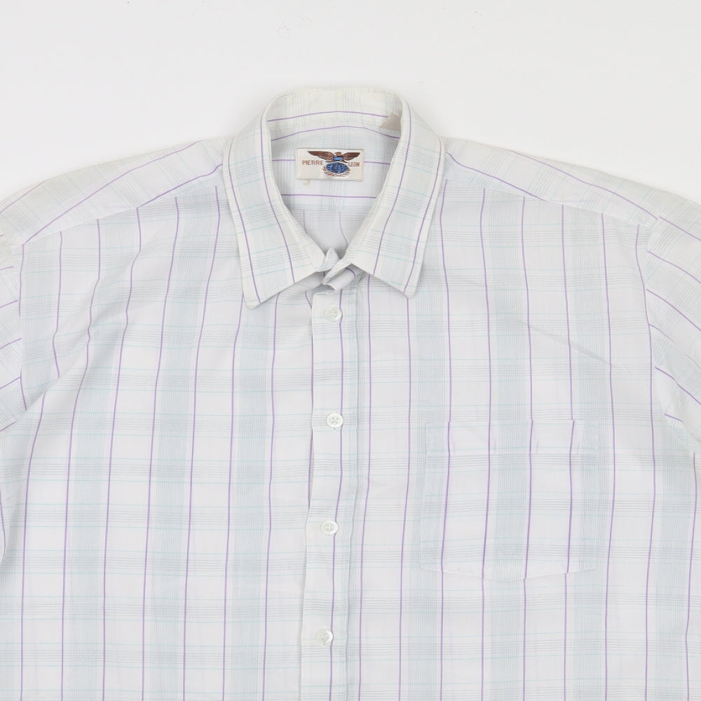 Pierre Leon Mens Ivory Plaid Polyester  Button-Up Size XL Collared Button