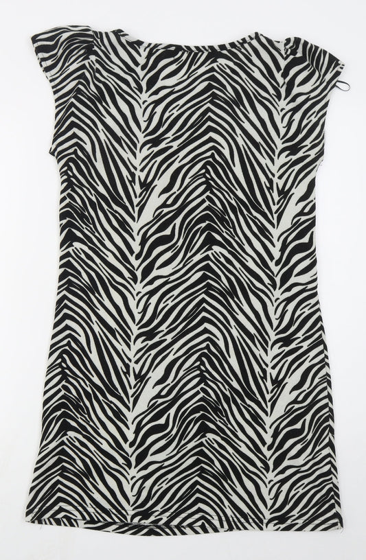 Pussycat Womens Black Animal Print Polyester Mini  Size 14  Round Neck Pullover - Zebra Print