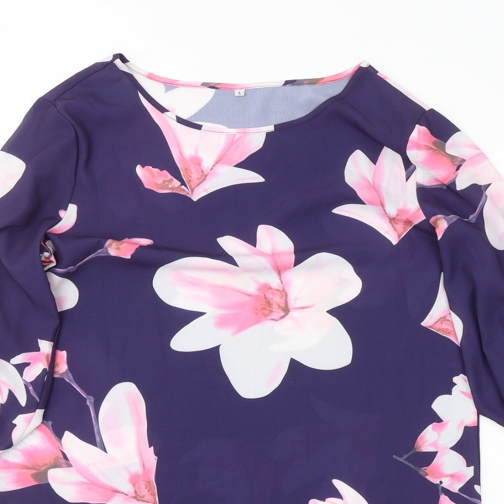 Preworn Womens Purple Floral Polyester A-Line  Size L  Round Neck Pullover