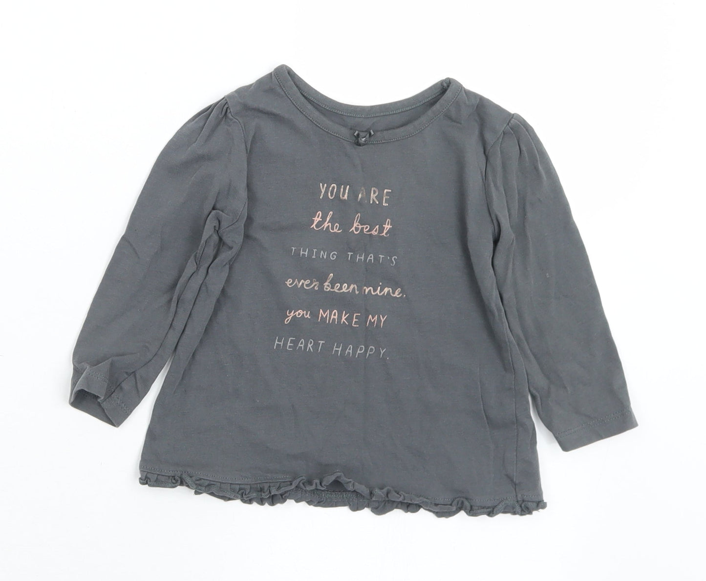 George Girls Grey  Cotton Basic T-Shirt Size 9-12 Months Round Neck  - Slogan