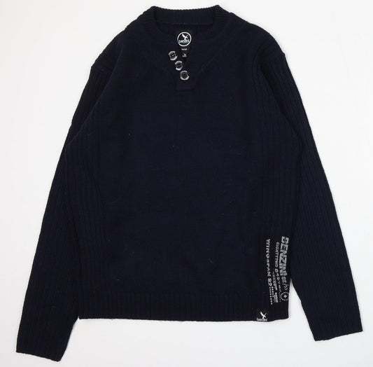 Benzini Mens Blue V-Neck  Acrylic Pullover Jumper Size L