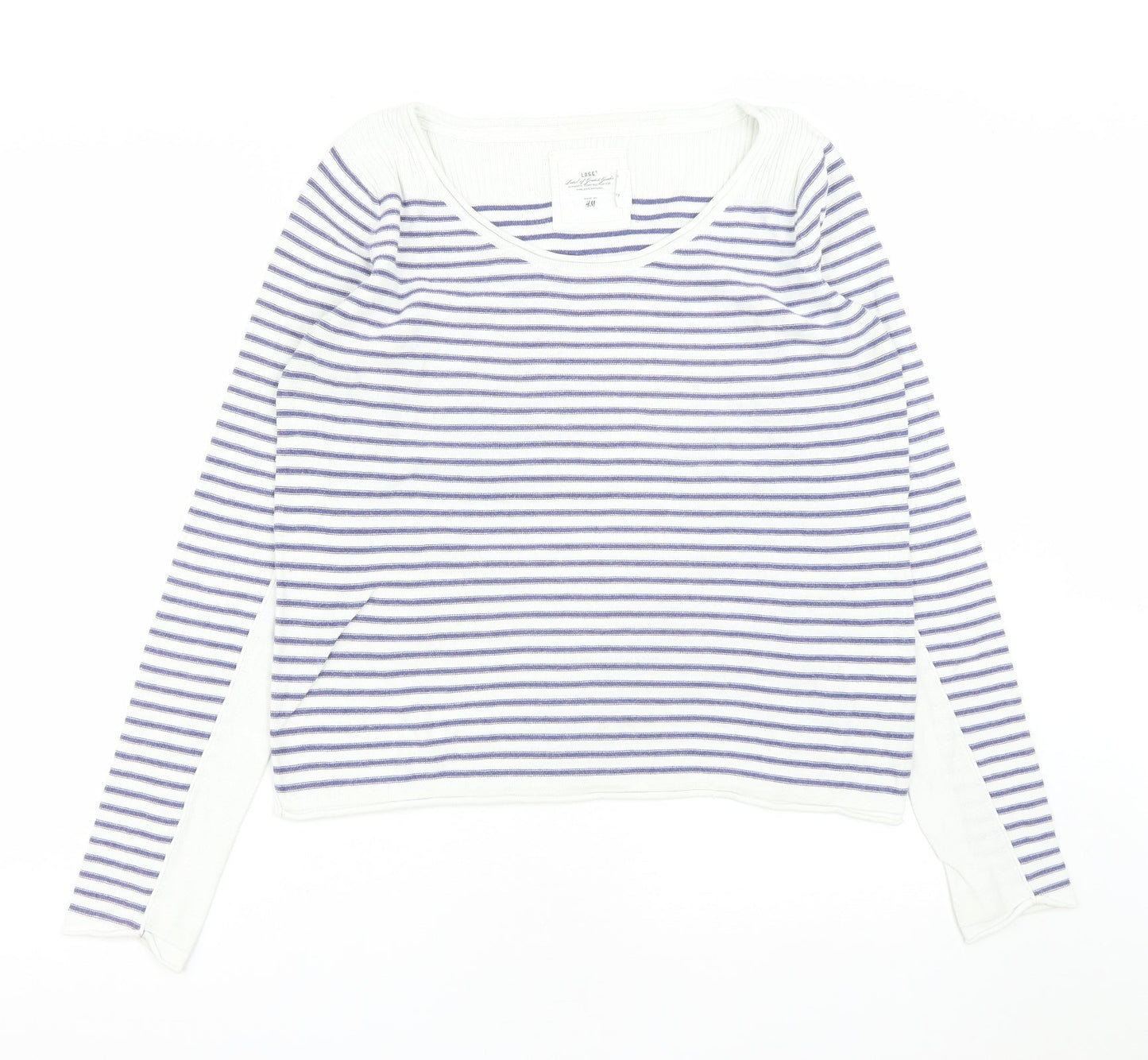 H&M Womens White Scoop Neck Striped Cotton Pullover Jumper Size M