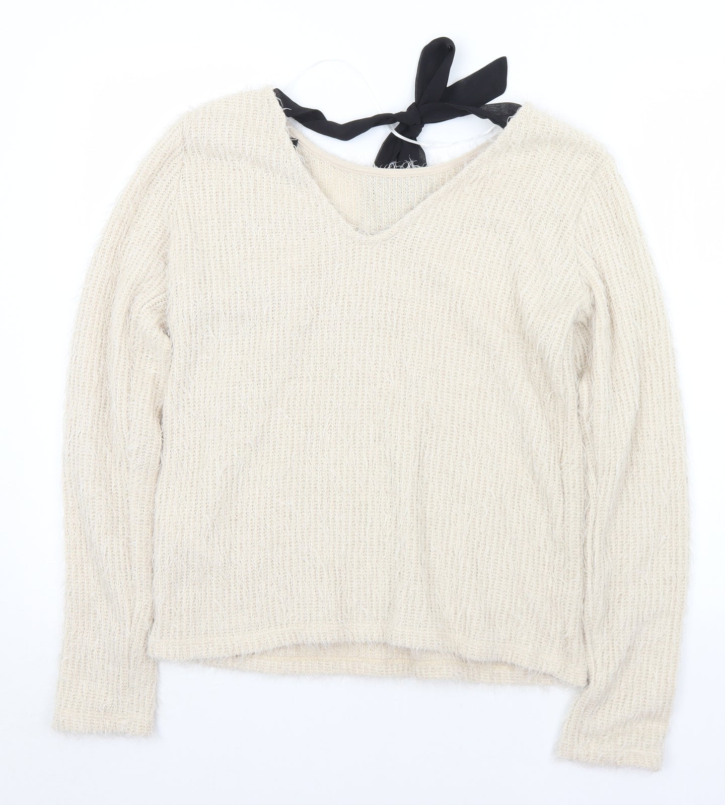 VERO MODA Womens Ivory V-Neck  Polyester Pullover Jumper Size L