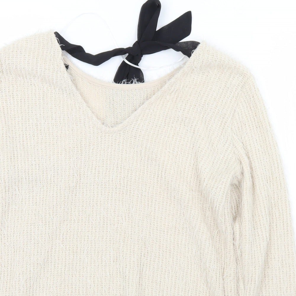 VERO MODA Womens Ivory V-Neck  Polyester Pullover Jumper Size L