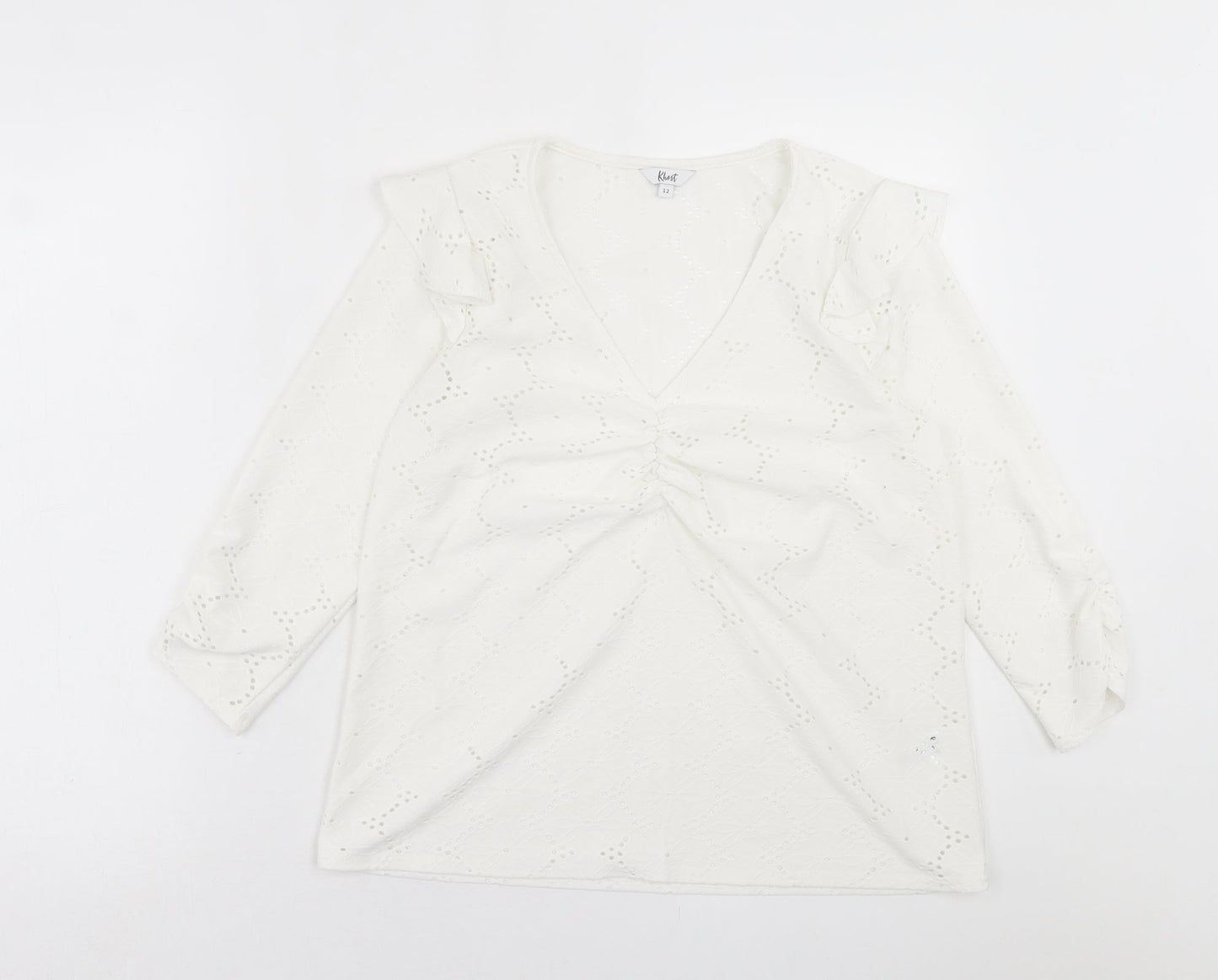 khost Womens White Floral Polyester Basic T-Shirt Size 12 V-Neck