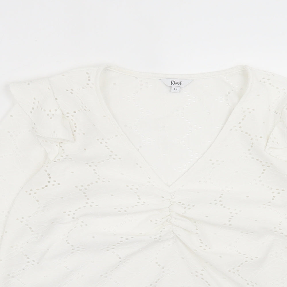 khost Womens White Floral Polyester Basic T-Shirt Size 12 V-Neck