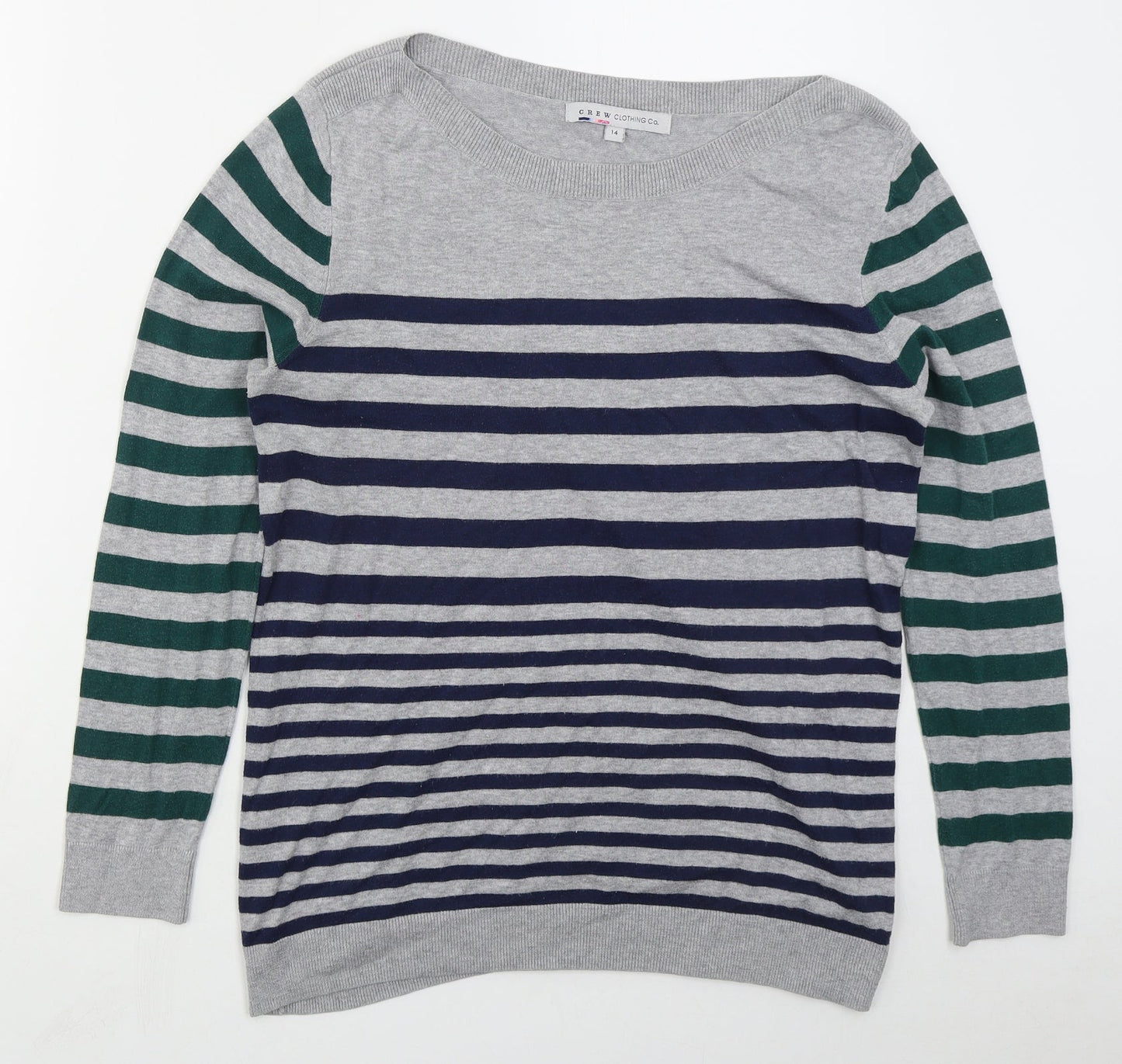 Crew Clothing Womens Grey Boat Neck Striped Cotton Pullover Jumper Size 14   - Blue Green