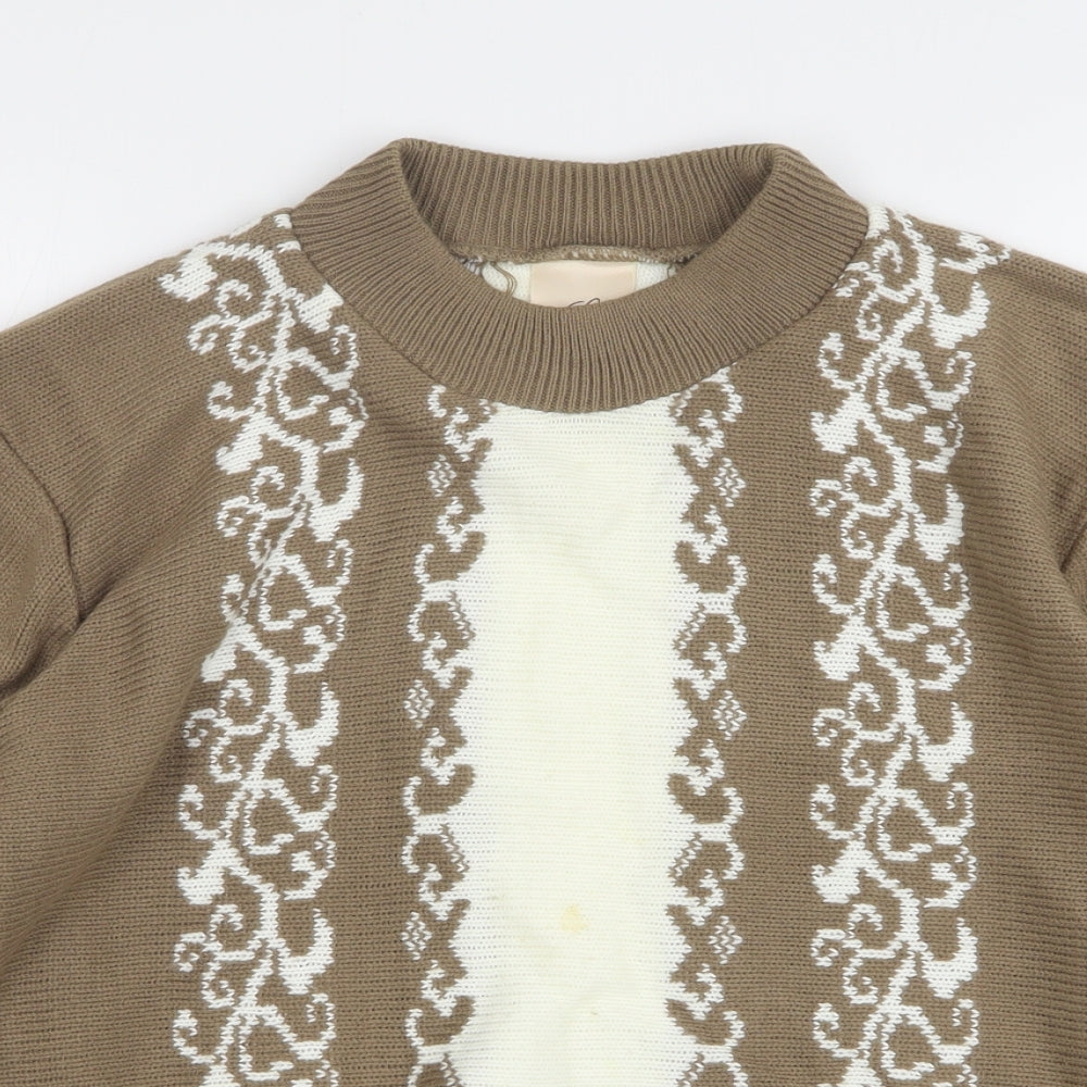 Compliments Womens Brown Round Neck Fair Isle Acrylic Pullover Jumper Size 12