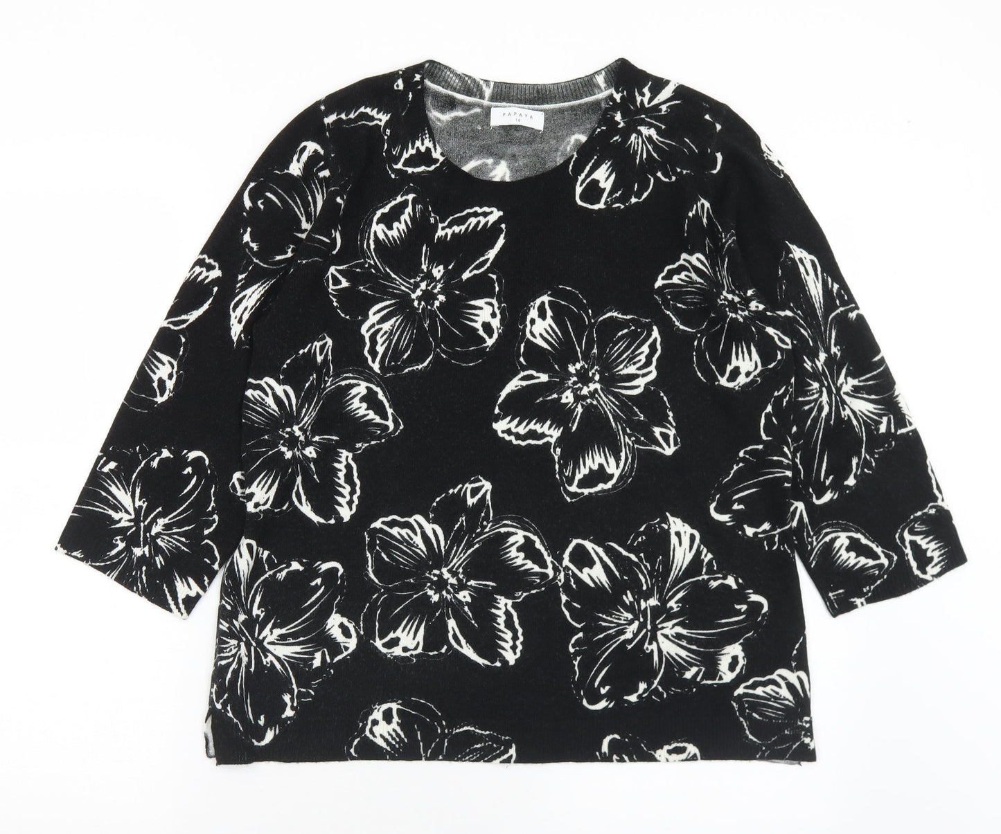 Matalan Womens Black Round Neck Floral Acrylic Pullover Jumper Size 14