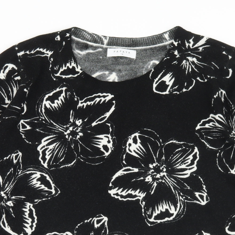 Matalan Womens Black Round Neck Floral Acrylic Pullover Jumper Size 14