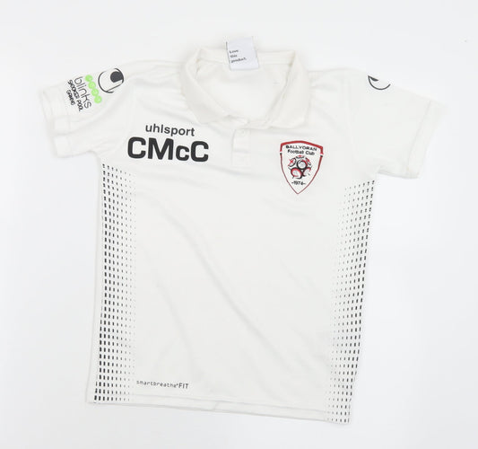 Uhlsport Boys White  Polyester Basic Polo Size 10-11 Years Collared  - Ballyoran Football Club