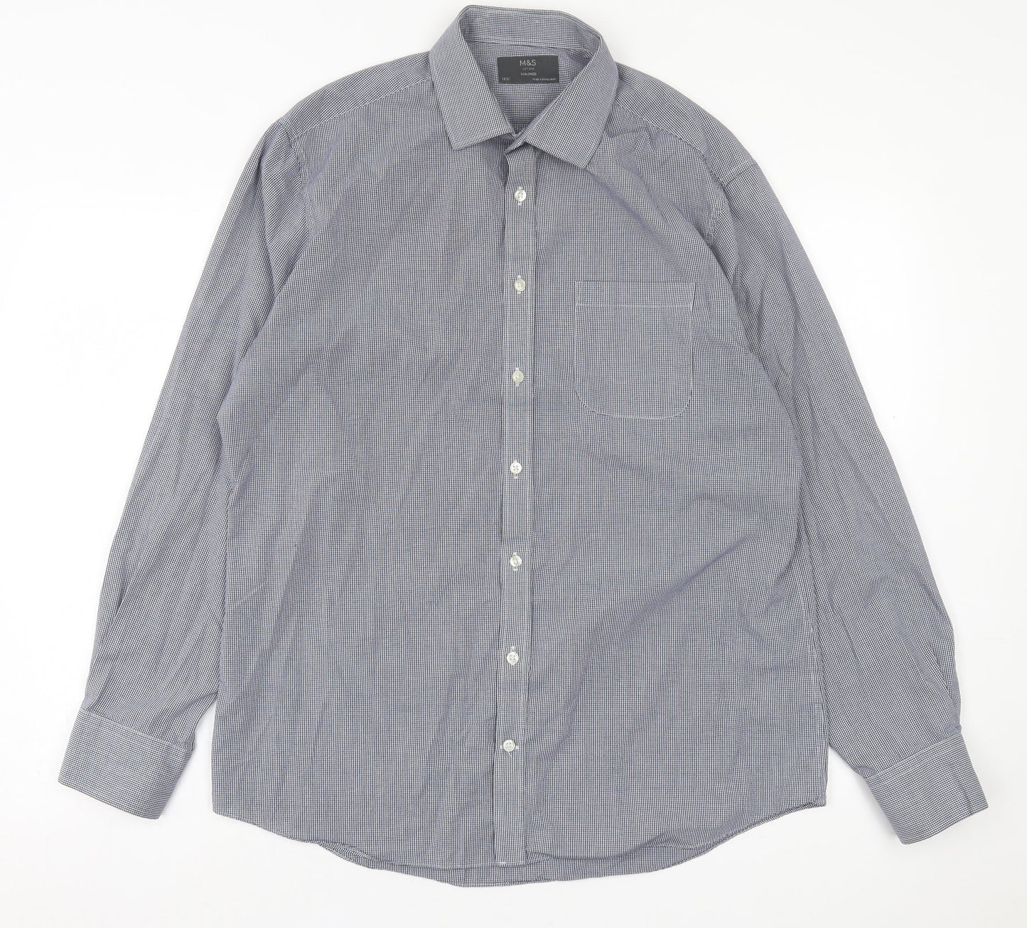 Marks and Spencer Mens Blue Plaid Polyester  Button-Up Size 16.5 Collared Button