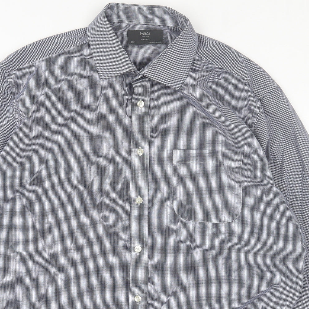 Marks and Spencer Mens Blue Plaid Polyester  Button-Up Size 16.5 Collared Button