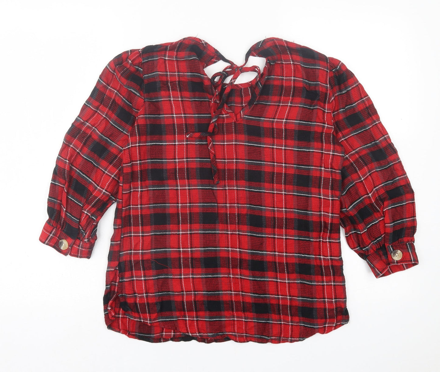 NEXT Womens Red Plaid Viscose Basic T-Shirt Size 8 Crew Neck