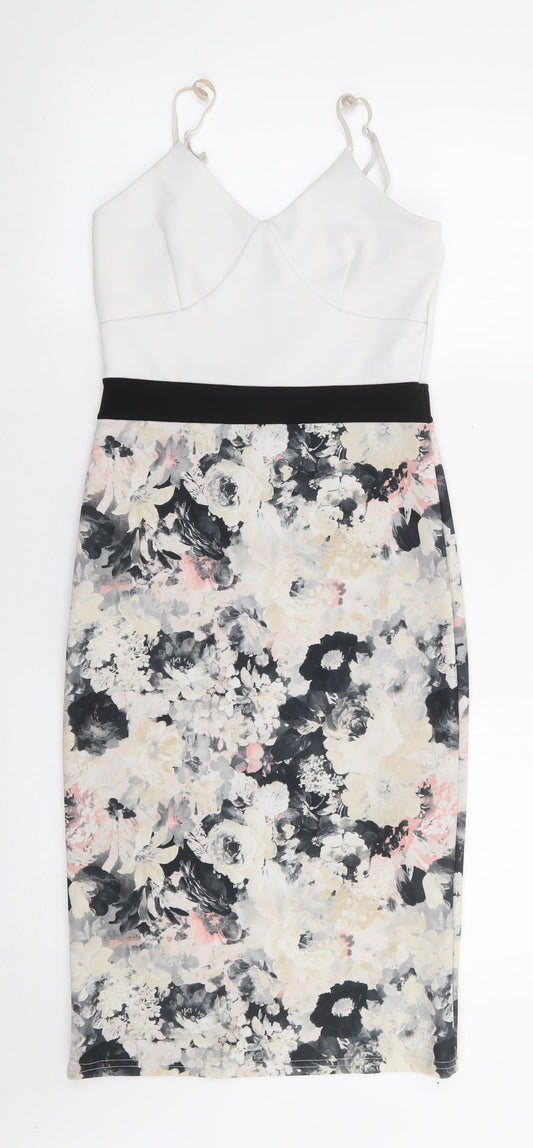 Missi London Womens Multicoloured Floral Polyester Bodycon  Size 8  V-Neck Pullover