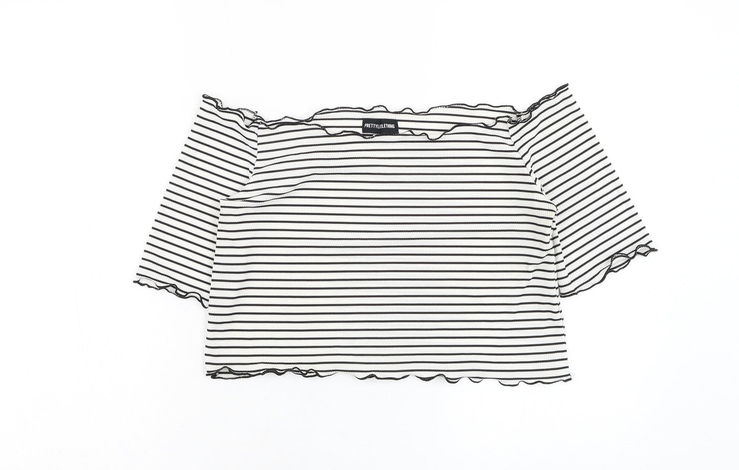 PRETTYLITTLETHING Womens White Striped Polyester Cropped Blouse Size 16 Square Neck