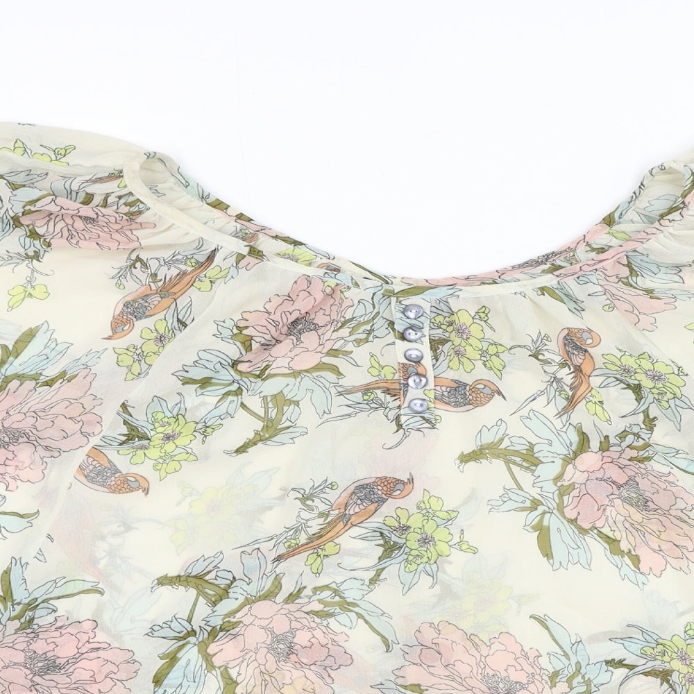 Internacionale Womens Ivory Floral Polyester Basic Blouse Size 10 Round Neck